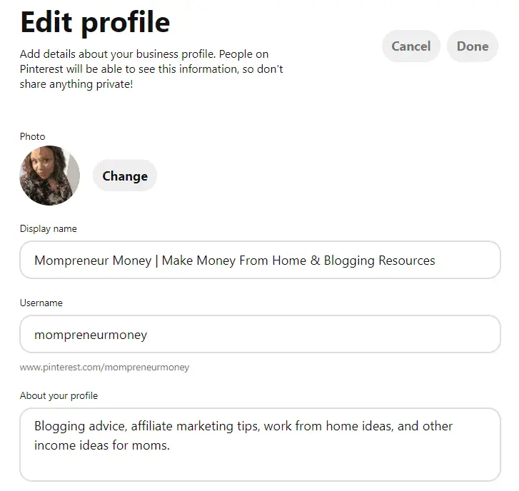 Pinterest Profile Snapshot Mompreneur Money